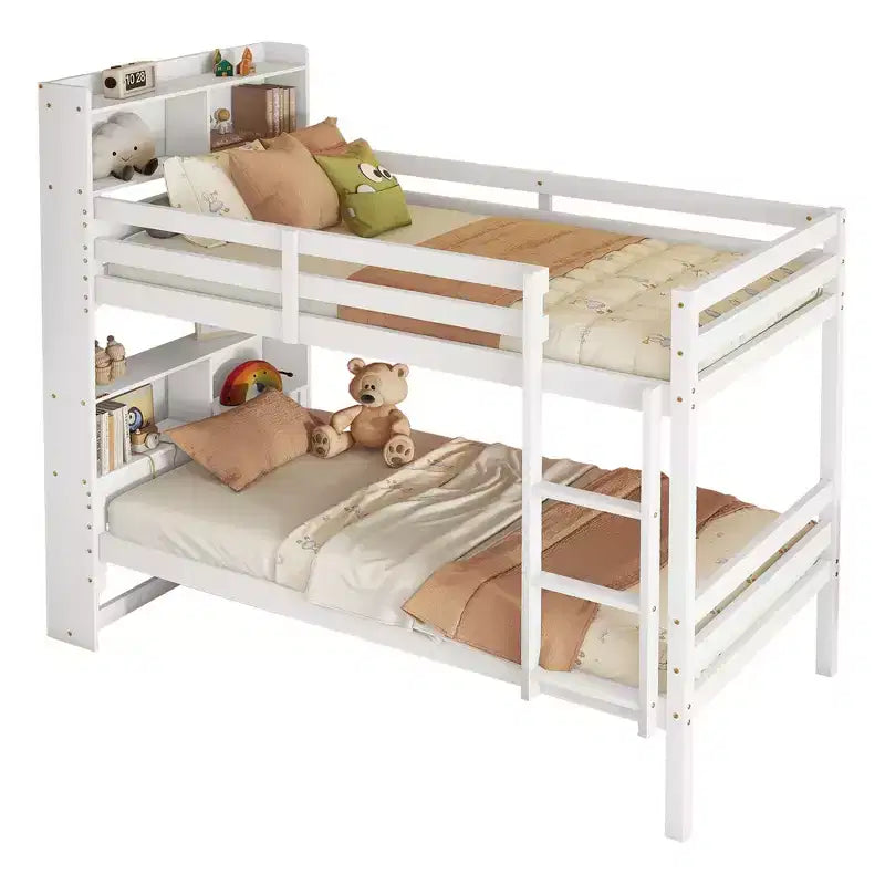 Lit superposé jumeau sur jumeau avec étagères de rangement, lits superposés pour enfants en bois d'hévéa avec garde-corps de sécurité et échelle, lit jumeau pour chambre à coucher