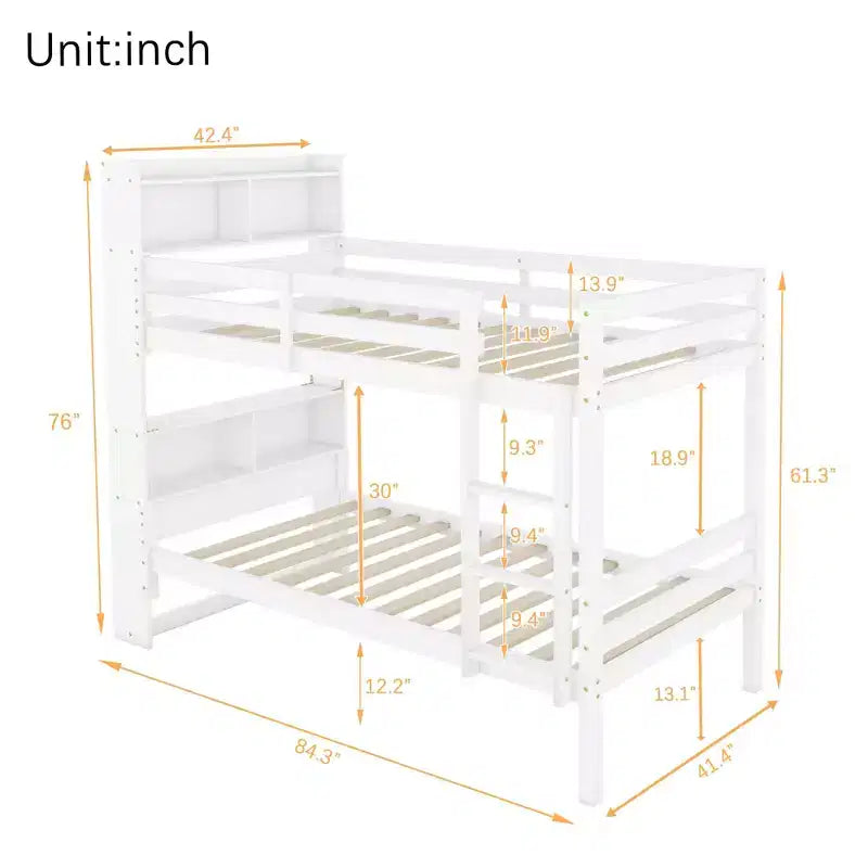Lit superposé jumeau sur jumeau avec étagères de rangement, lits superposés pour enfants en bois d'hévéa avec garde-corps de sécurité et échelle, lit jumeau pour chambre à coucher