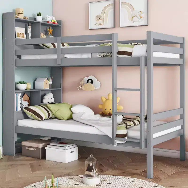 Lit superposé jumeau sur jumeau avec étagères de rangement, lits superposés pour enfants en bois d'hévéa avec garde-corps de sécurité et échelle, lit jumeau pour chambre à coucher
