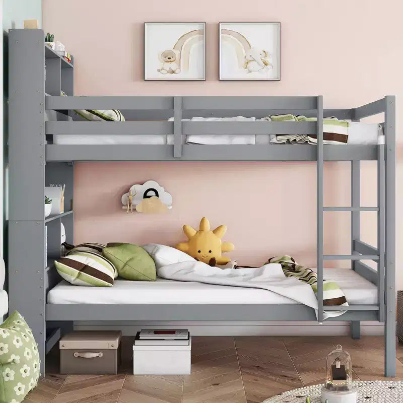 Lit superposé jumeau sur jumeau avec étagères de rangement, lits superposés pour enfants en bois d'hévéa avec garde-corps de sécurité et échelle, lit jumeau pour chambre à coucher