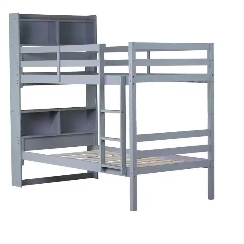 Lit superposé jumeau sur jumeau avec étagères de rangement, lits superposés pour enfants en bois d'hévéa avec garde-corps de sécurité et échelle, lit jumeau pour chambre à coucher