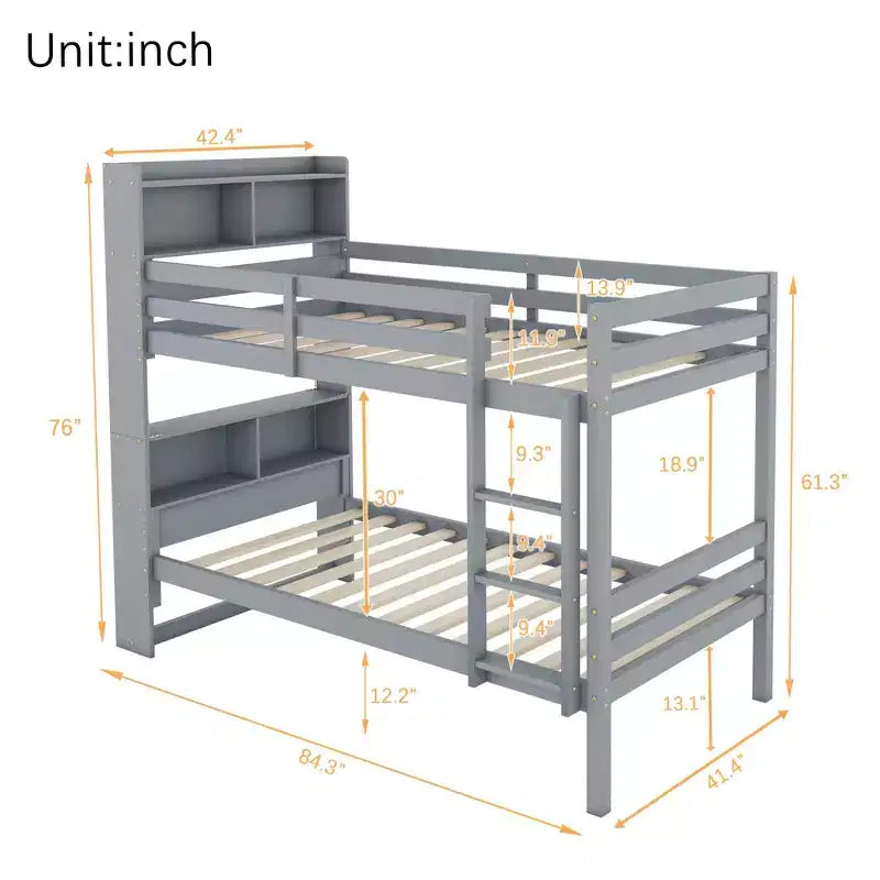 Lit superposé jumeau sur jumeau avec étagères de rangement, lits superposés pour enfants en bois d'hévéa avec garde-corps de sécurité et échelle, lit jumeau pour chambre à coucher