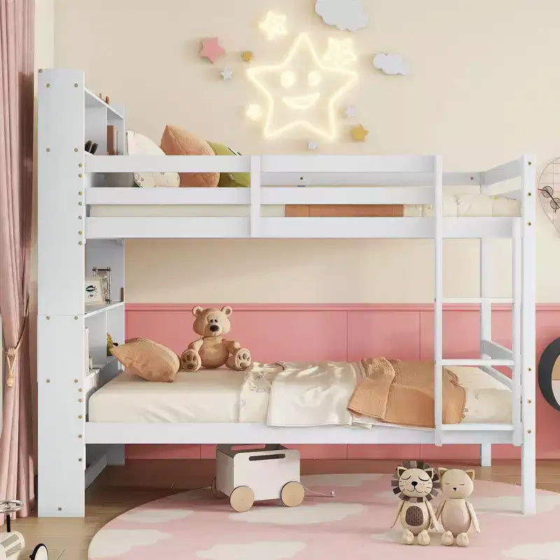 Lit superposé jumeau sur jumeau avec étagères de rangement, lits superposés pour enfants en bois d'hévéa avec garde-corps de sécurité et échelle, lit jumeau pour chambre à coucher