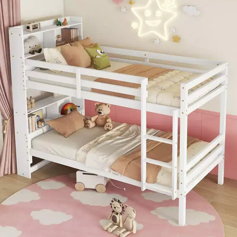 Lit superposé jumeau sur jumeau avec étagères de rangement, lits superposés pour enfants en bois d'hévéa avec garde-corps de sécurité et échelle, lit jumeau pour chambre à coucher