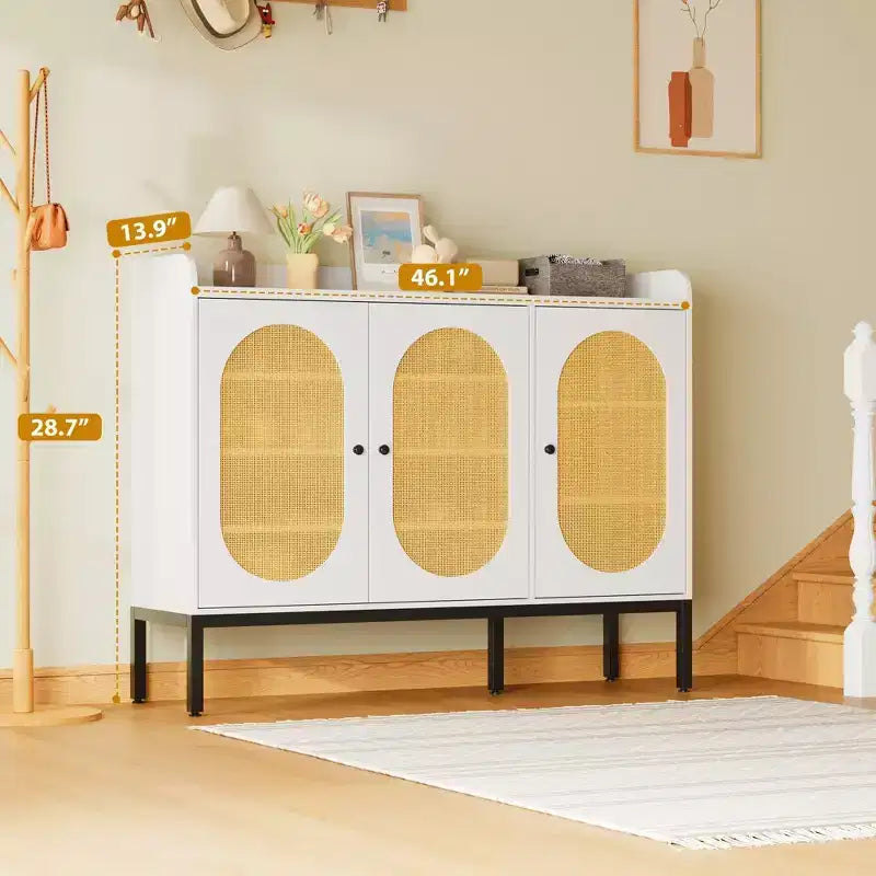 Meuble à chaussures blanc à 6 niveaux avec 3 portes en rotin (117,1 cm L x 35,3 cm P x 72,9 cm H) - Organiseur autonome pour entrée et salon