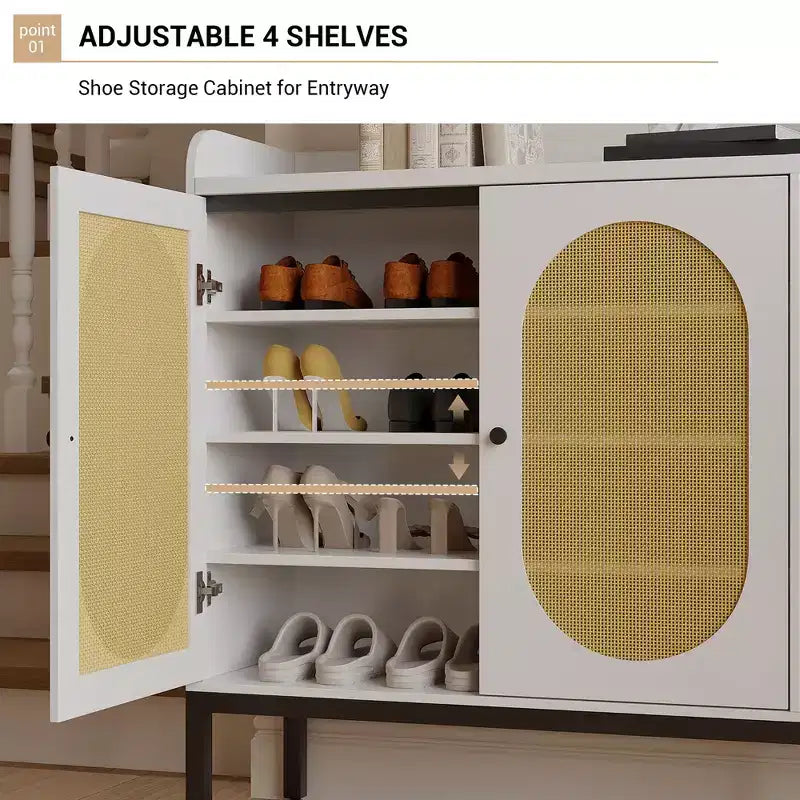 Meuble à chaussures blanc à 6 niveaux avec 3 portes en rotin (117,1 cm L x 35,3 cm P x 72,9 cm H) - Organiseur autonome pour entrée et salon
