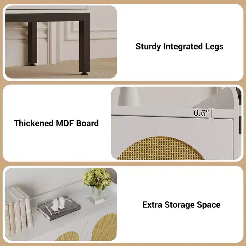 Meuble à chaussures blanc à 6 niveaux avec 3 portes en rotin (117,1 cm L x 35,3 cm P x 72,9 cm H) - Organiseur autonome pour entrée et salon
