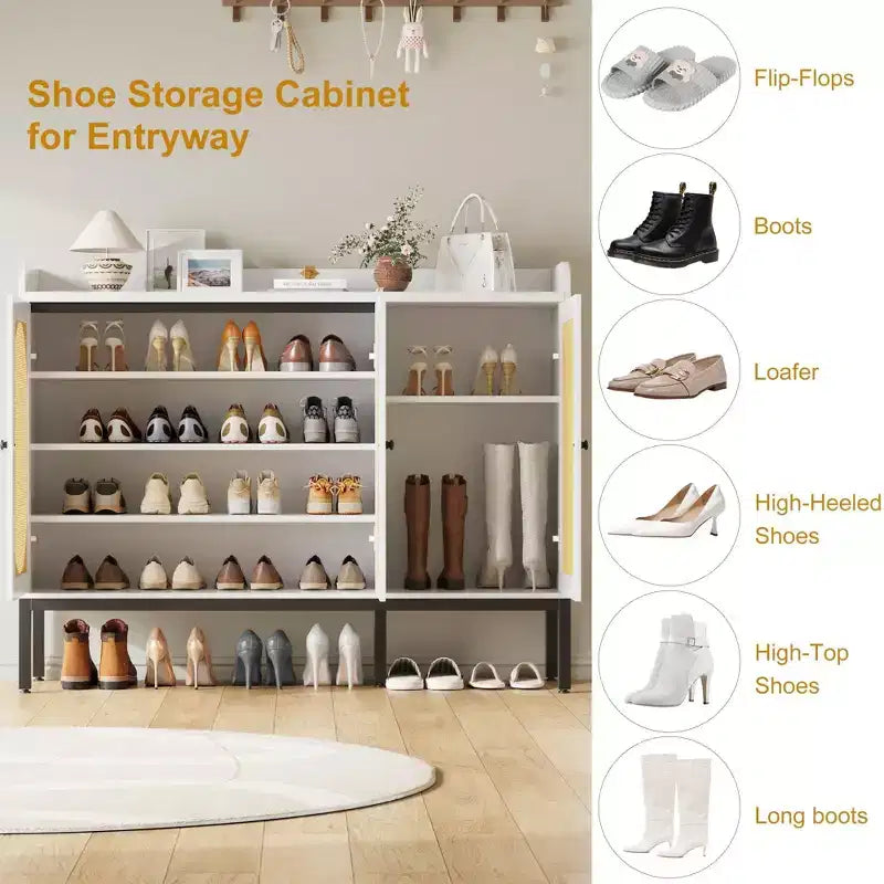Meuble à chaussures blanc à 6 niveaux avec 3 portes en rotin (117,1 cm L x 35,3 cm P x 72,9 cm H) - Organiseur autonome pour entrée et salon