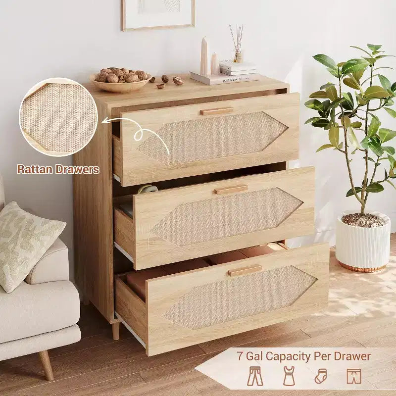 Commode 3 tiroirs en rotin, commode rustique en bois de chêne avec façades tissées, meuble de rangement moderne pour chambre, salon ou entrée