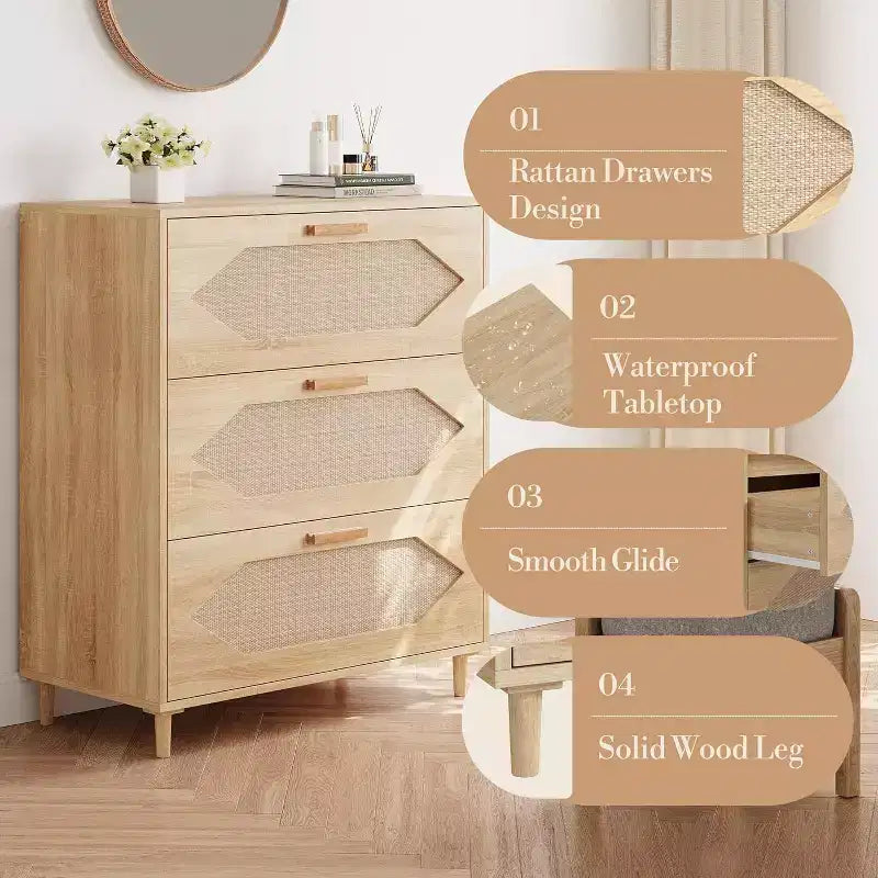 Commode 3 tiroirs en rotin, commode rustique en bois de chêne avec façades tissées, meuble de rangement moderne pour chambre, salon ou entrée