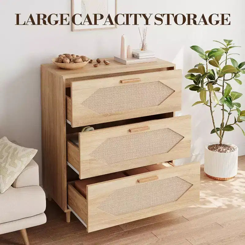Commode 3 tiroirs en rotin, commode rustique en bois de chêne avec façades tissées, meuble de rangement moderne pour chambre, salon ou entrée