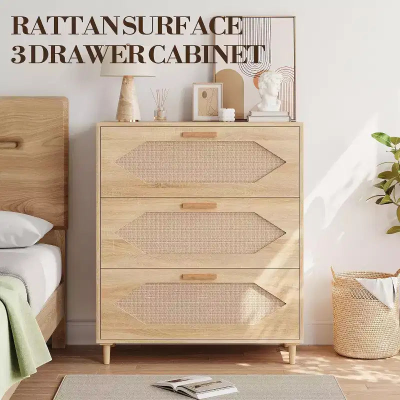 Commode 3 tiroirs en rotin, commode rustique en bois de chêne avec façades tissées, meuble de rangement moderne pour chambre, salon ou entrée