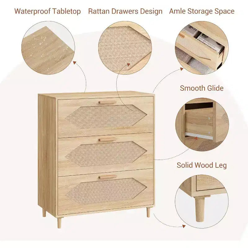 Commode 3 tiroirs en rotin, commode rustique en bois de chêne avec façades tissées, meuble de rangement moderne pour chambre, salon ou entrée