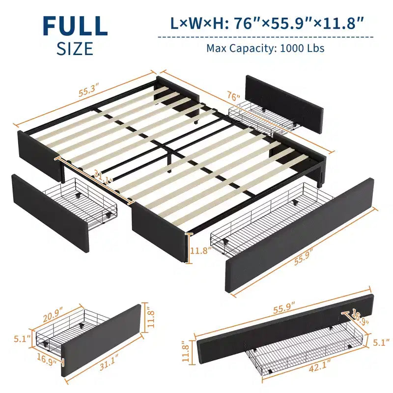 Cadre de lit avec 3 tiroirs de rangement, lit plateforme tapissé en tissu avec lattes en bois, aucun sommier tapissier requis, montage facile, gris