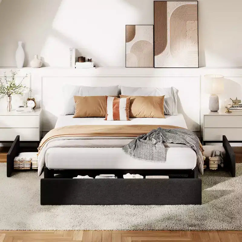 Cadre de lit avec 3 tiroirs de rangement, lit plateforme tapissé en tissu avec lattes en bois, aucun sommier tapissier requis, montage facile, gris