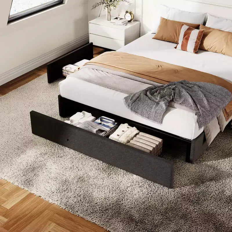 Cadre de lit avec 3 tiroirs de rangement, lit plateforme tapissé en tissu avec lattes en bois, aucun sommier tapissier requis, montage facile, gris