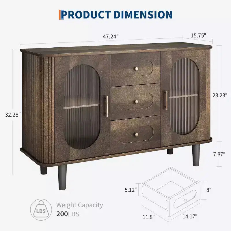 Buffet de 47 po avec 2 portes en verre cannelé et 3 tiroirs, meuble d'appoint de style ferme moderne avec étagères réglables pour bar à café