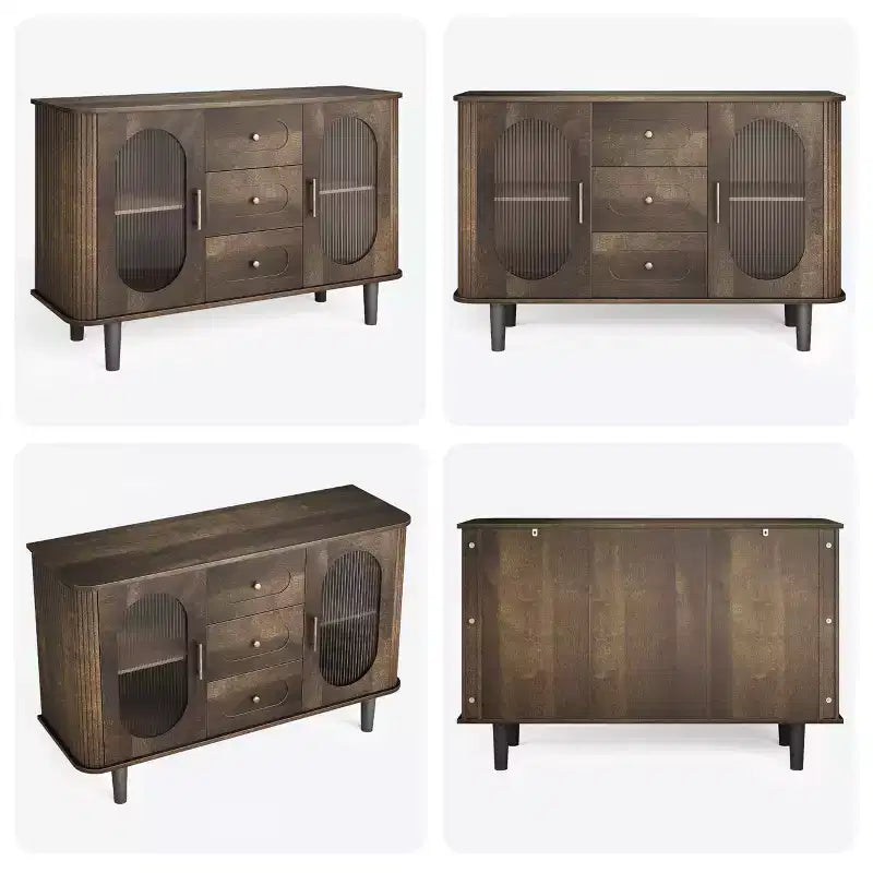 Buffet de 47 po avec 2 portes en verre cannelé et 3 tiroirs, meuble d'appoint de style ferme moderne avec étagères réglables pour bar à café