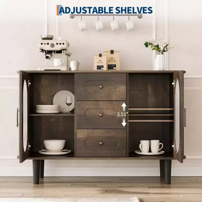 Buffet de 47 po avec 2 portes en verre cannelé et 3 tiroirs, meuble d'appoint de style ferme moderne avec étagères réglables pour bar à café