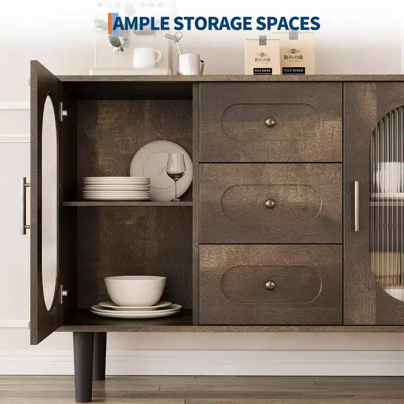 Buffet de 47 po avec 2 portes en verre cannelé et 3 tiroirs, meuble d'appoint de style ferme moderne avec étagères réglables pour bar à café