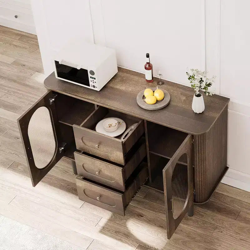 Buffet de 47 po avec 2 portes en verre cannelé et 3 tiroirs, meuble d'appoint de style ferme moderne avec étagères réglables pour bar à café