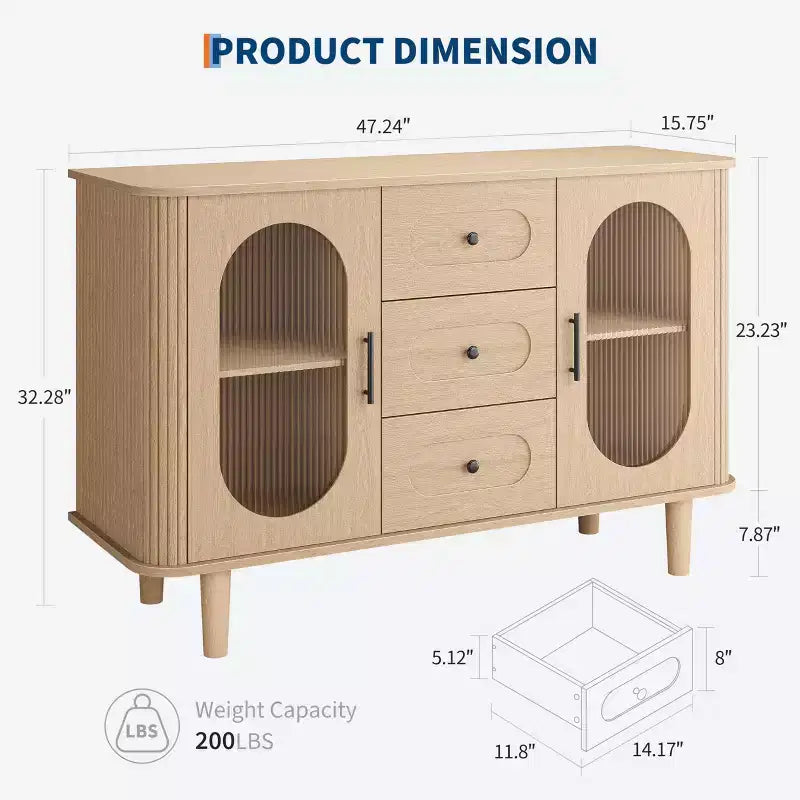 Buffet de 47 po avec 2 portes en verre cannelé et 3 tiroirs, meuble d'appoint de style ferme moderne avec étagères réglables pour bar à café