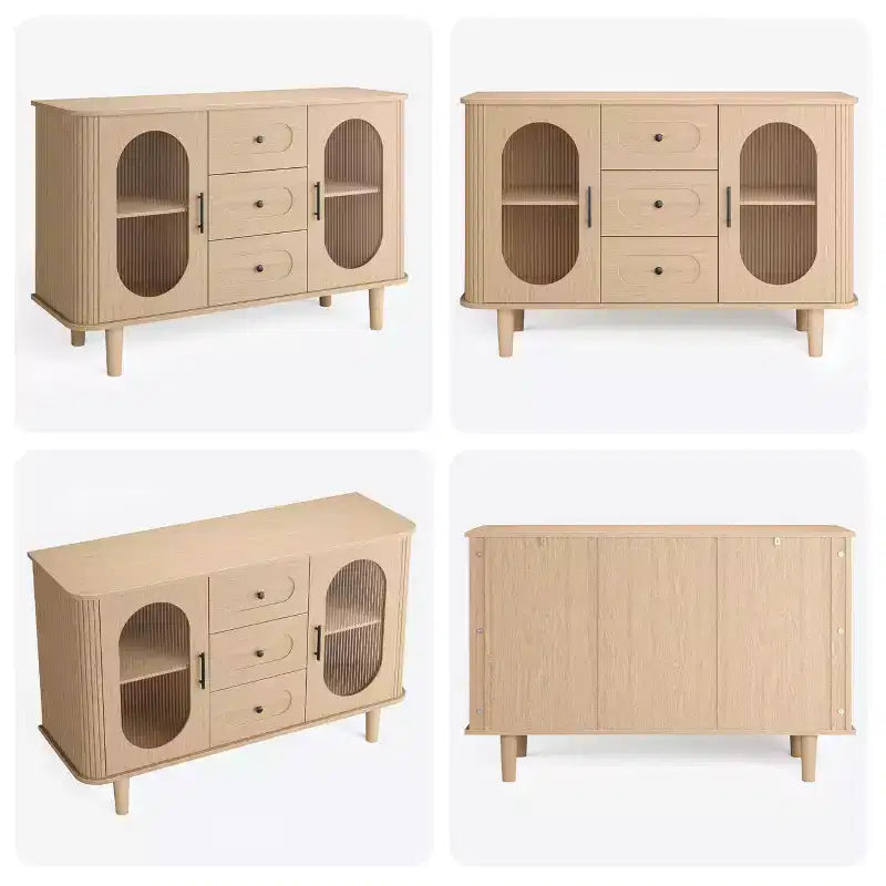 Buffet de 47 po avec 2 portes en verre cannelé et 3 tiroirs, meuble d'appoint de style ferme moderne avec étagères réglables pour bar à café