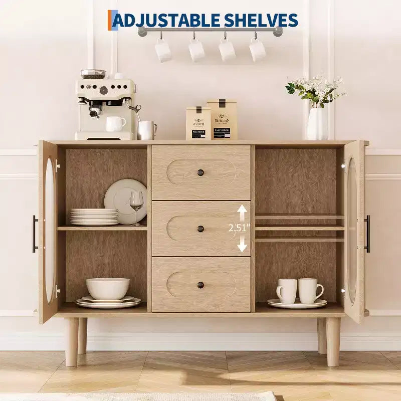 Buffet de 47 po avec 2 portes en verre cannelé et 3 tiroirs, meuble d'appoint de style ferme moderne avec étagères réglables pour bar à café