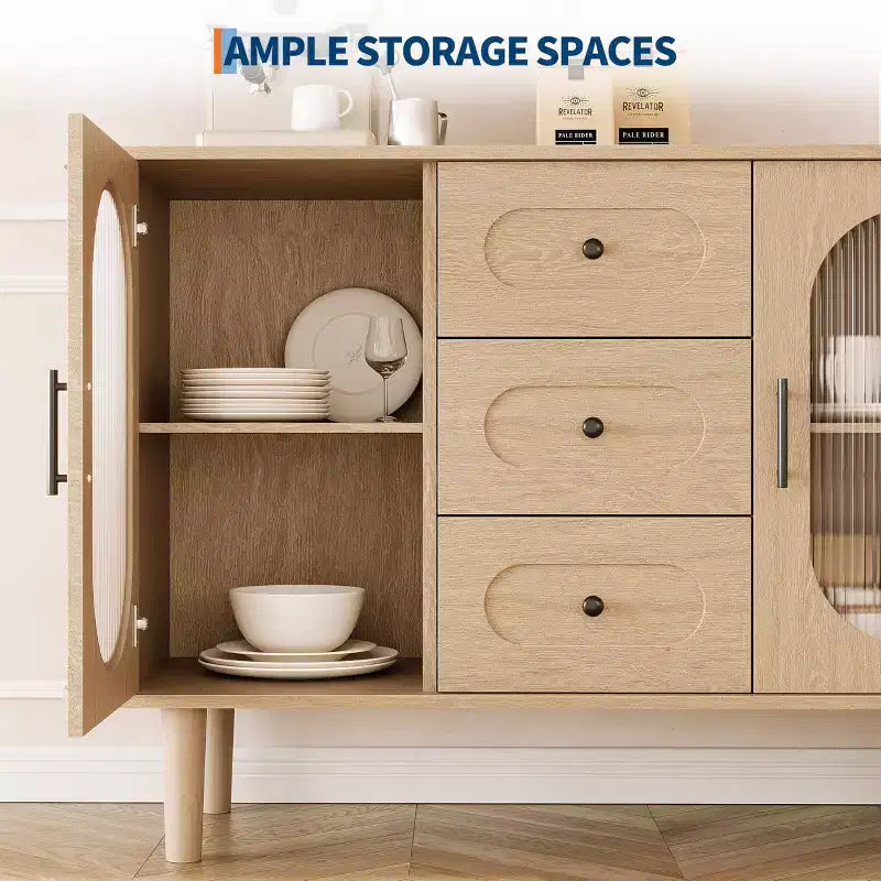 Buffet de 47 po avec 2 portes en verre cannelé et 3 tiroirs, meuble d'appoint de style ferme moderne avec étagères réglables pour bar à café