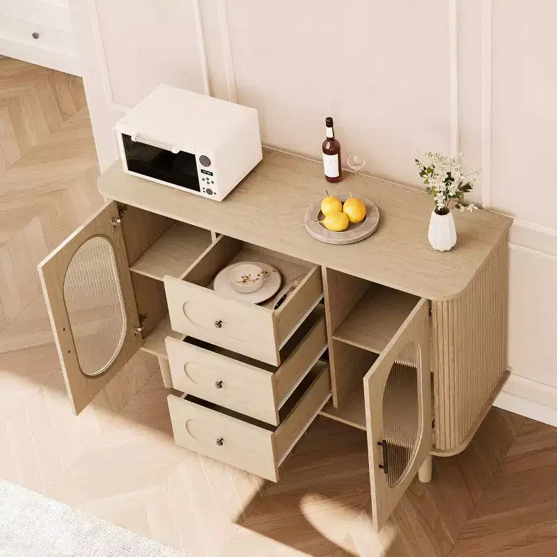 Buffet de 47 po avec 2 portes en verre cannelé et 3 tiroirs, meuble d'appoint de style ferme moderne avec étagères réglables pour bar à café