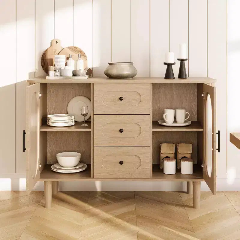 Buffet de 47 po avec 2 portes en verre cannelé et 3 tiroirs, meuble d'appoint de style ferme moderne avec étagères réglables pour bar à café