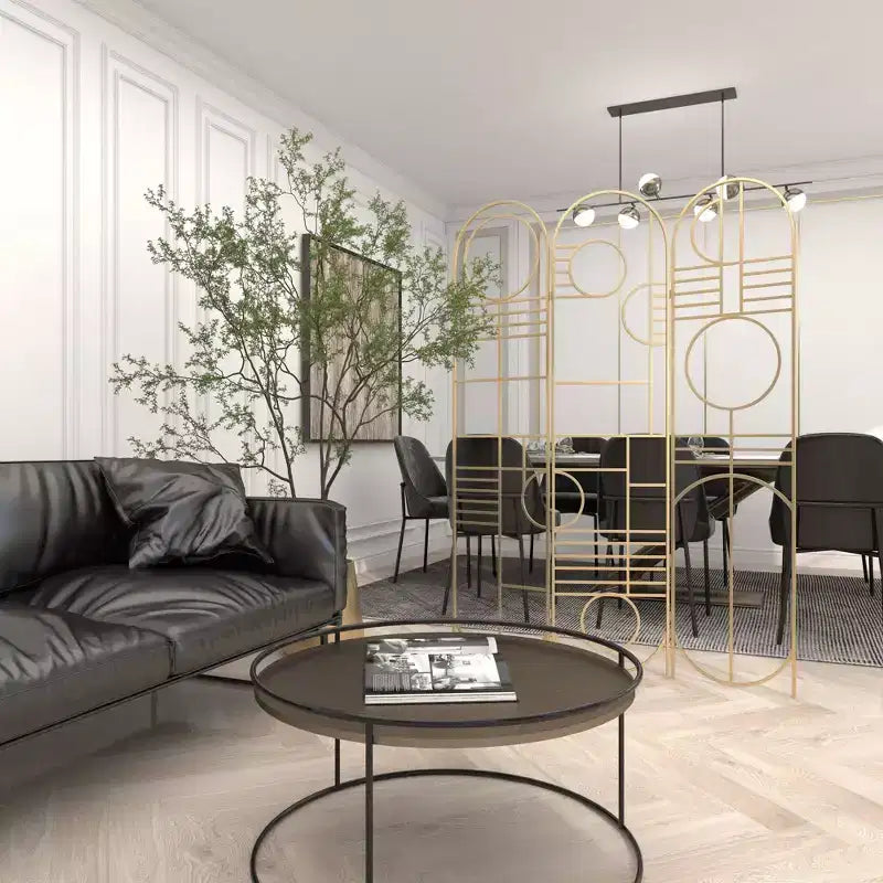 Paravent moderne en métal doré – Cadre en fer, pas d'assemblage, design à 3 panneaux
