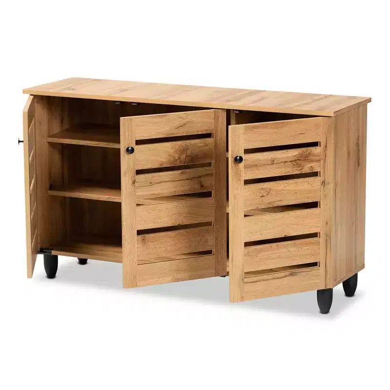 Meuble à chaussures 3 portes en bois chêne marron/noir - 6 étagères fixes