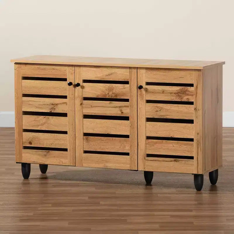 Meuble à chaussures 3 portes en bois chêne marron/noir - 6 étagères fixes