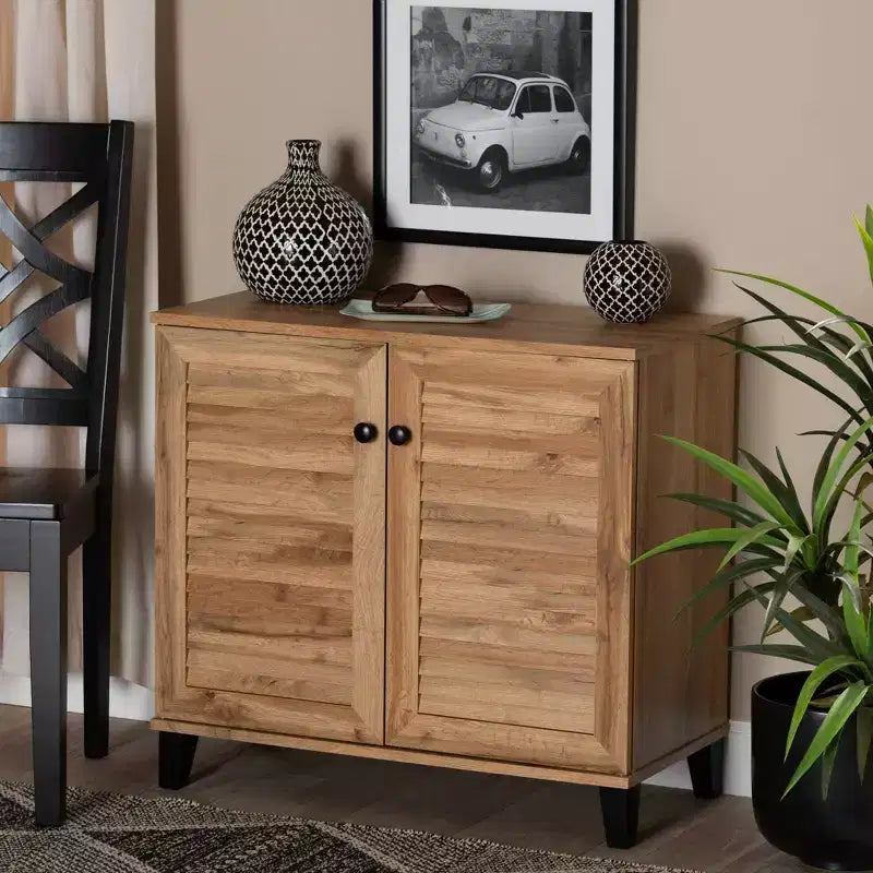 Meuble de Rangement en Bois à 2 Portes Chêne Brun - Style Nautique, 4 Étagères Fixes, Cadre en Bois