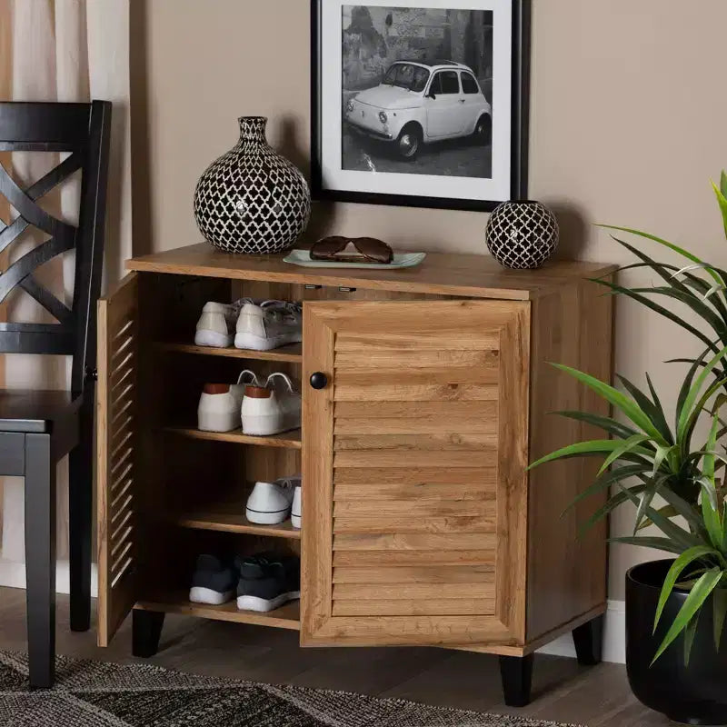 Meuble de Rangement en Bois à 2 Portes Chêne Brun - Style Nautique, 4 Étagères Fixes, Cadre en Bois