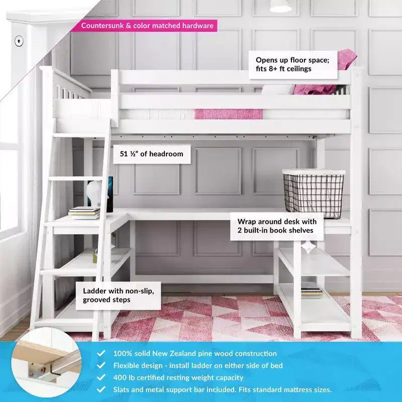 Lit mezzanine double avec bureau et étagères de rangement pour enfants