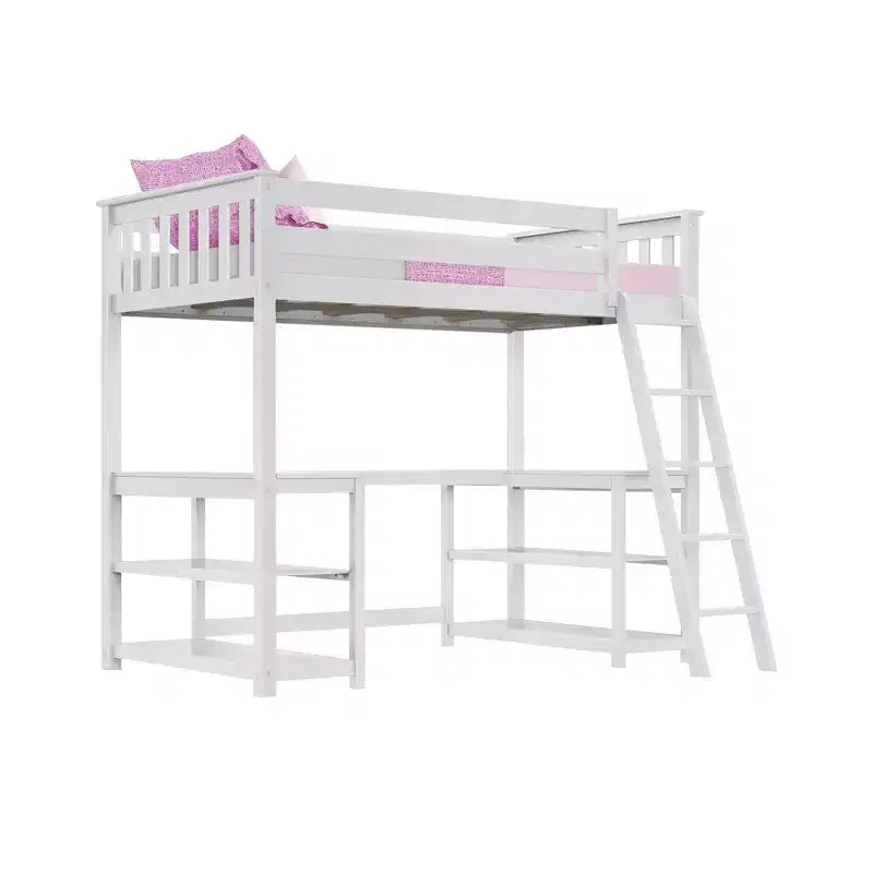 Lit mezzanine double avec bureau et étagères de rangement pour enfants