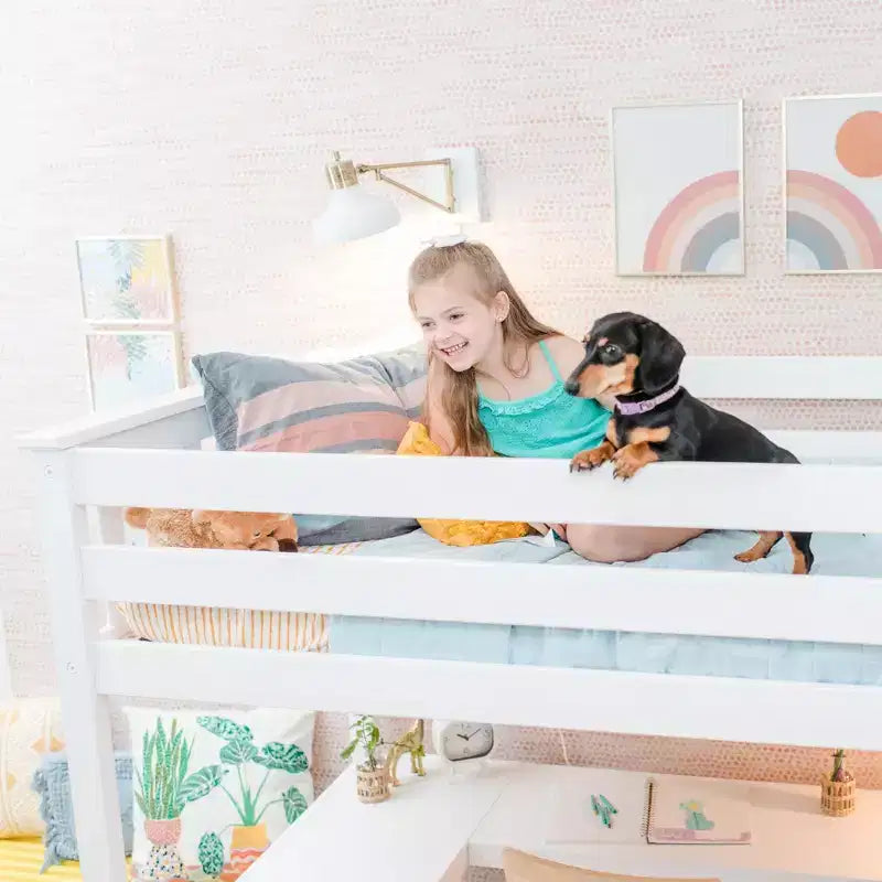 Lit mezzanine double avec bureau et étagères de rangement pour enfants