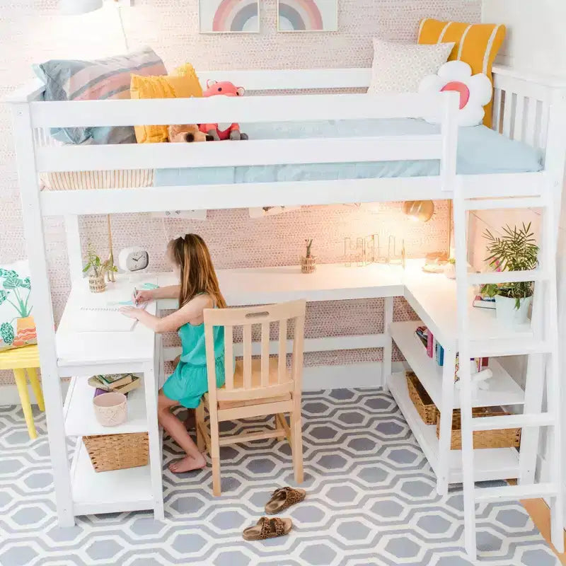 Lit mezzanine double avec bureau et étagères de rangement pour enfants