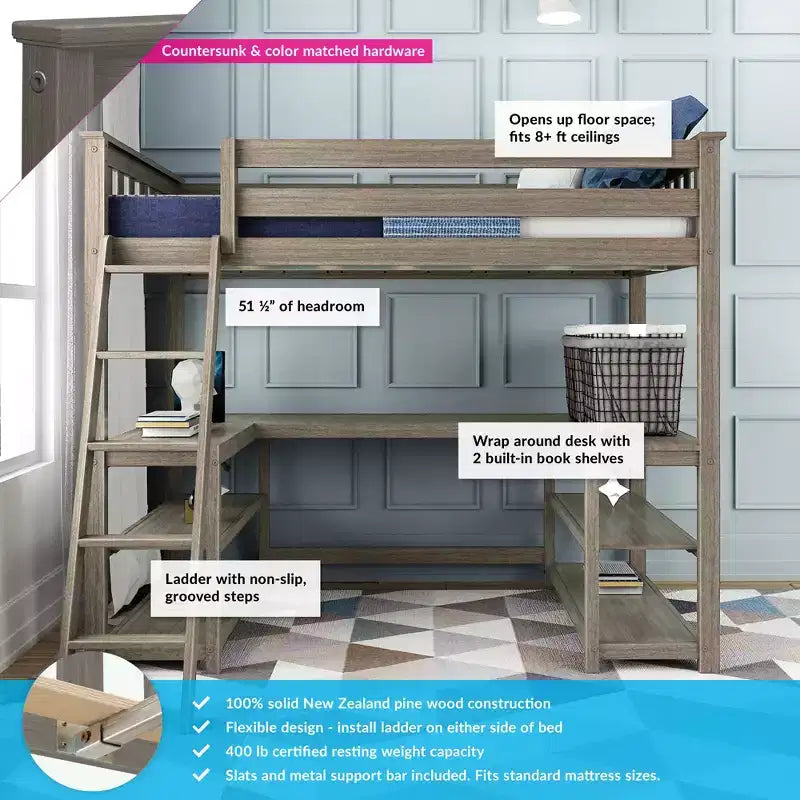 Lit mezzanine double avec bureau et étagères de rangement pour enfants