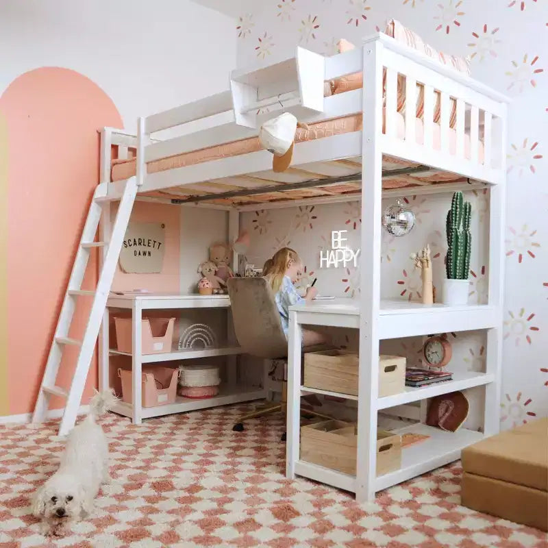 Lit mezzanine double avec bureau et étagères de rangement pour enfants