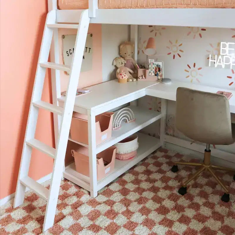 Lit mezzanine double avec bureau et étagères de rangement pour enfants