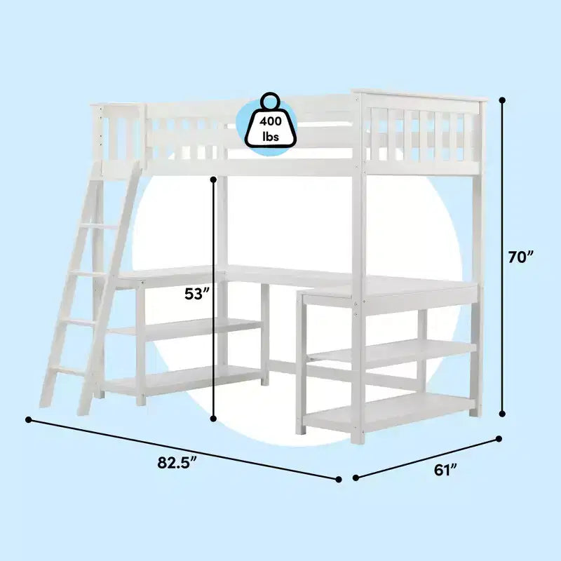Lit mezzanine double avec bureau et étagères de rangement pour enfants