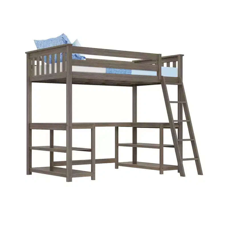 Lit mezzanine double avec bureau et étagères de rangement pour enfants