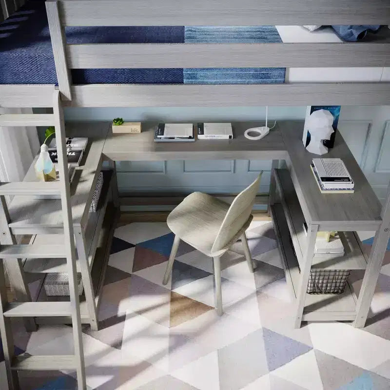 Lit mezzanine double avec bureau et étagères de rangement pour enfants