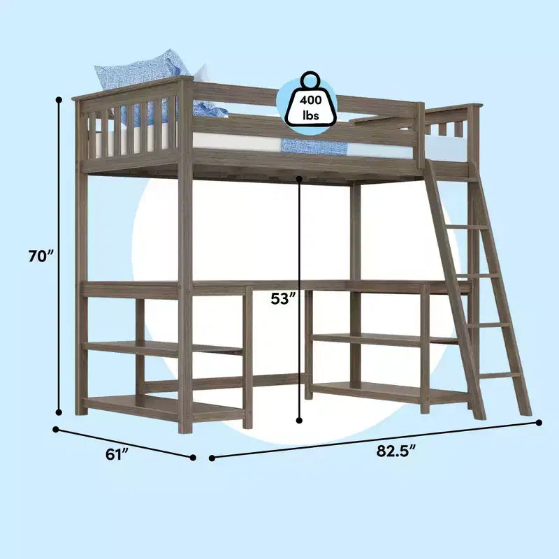 Lit mezzanine double avec bureau et étagères de rangement pour enfants