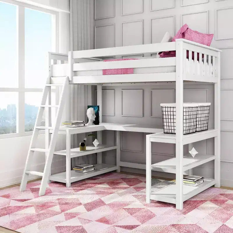 Lit mezzanine double avec bureau et étagères de rangement pour enfants