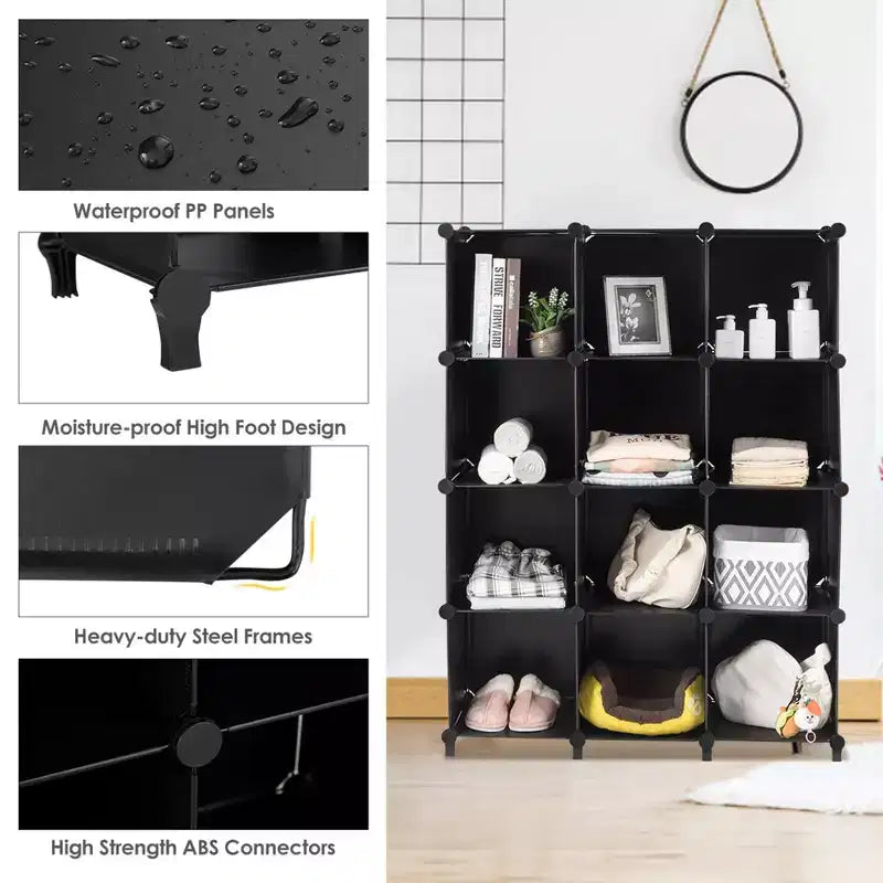 Organisateur de rangement 12 cubes en plastique avec cadre en acier noir
