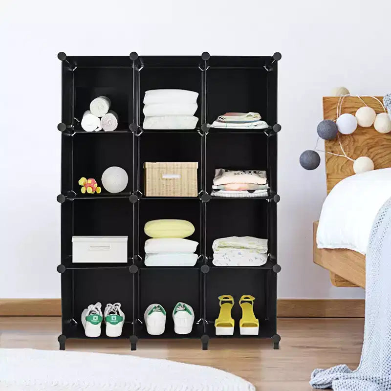 Organisateur de rangement 12 cubes en plastique avec cadre en acier noir